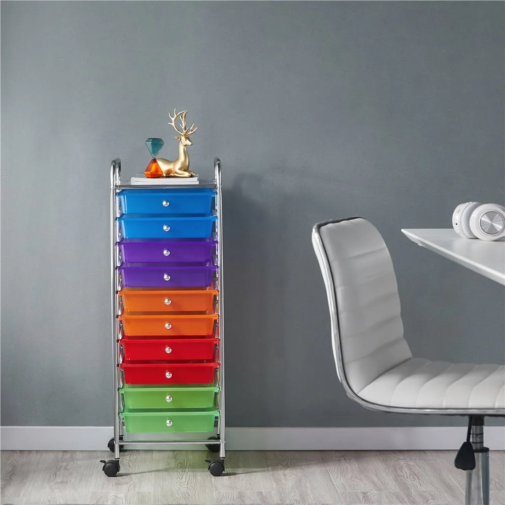 10 Drawer Rolling Storage Cart with Lockable Wheels Multi-Functional Trolley Home Office Organization Indoor Use
