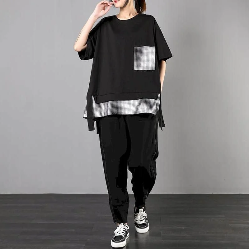 Patchwork Hosen Sets Plaid Vintage Oansatz T-Shirts und Casual Harem Hosen Übergroßen Koreanische Mode Zwei Stück Sets Frauen Outfits
