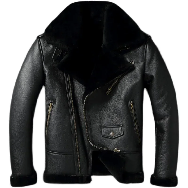 Thick Warm Genuine Sheepskin Real Fur Shearling Jackets for Men Leather Jacket Mens Biker Clothing Men\'s Coat Winter