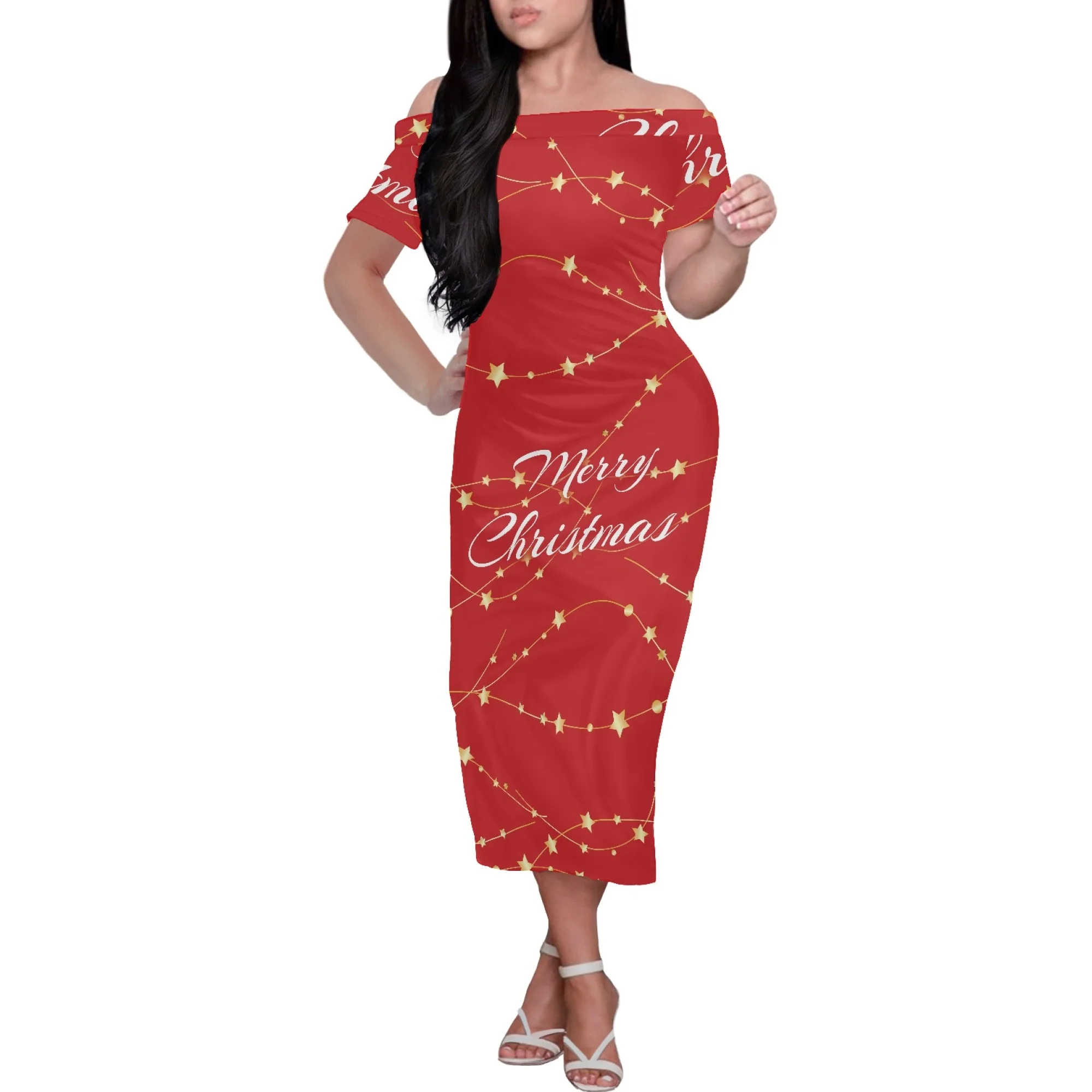 Fashion Christmas Party Dress Elegant Hawaii Style  Woman's Dress Ladies Strapless Tight Sexy Glamour Off Shoulder Girl Clothing