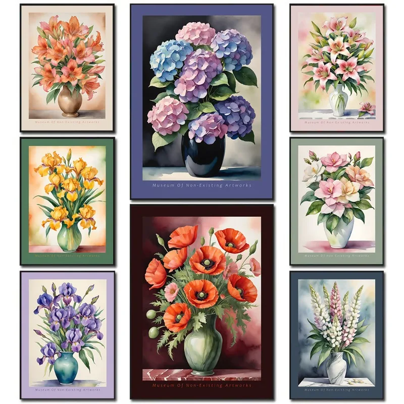 Flores en acuarela en jarrón: lienzo sin marco minimalista con motivos de lupina, gardenia, iris y alstroemeria para decoración del hogar, póster de naturaleza