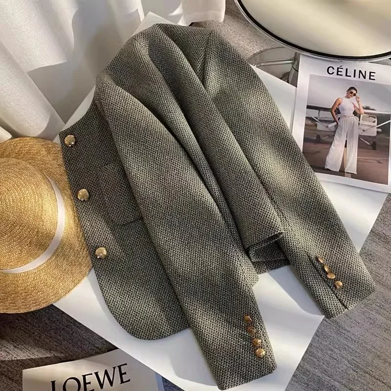 

2026 Spring New Sle Casual Bla een Color Suit Jaet Women's Versatile Lightweight Polyester Fiber round Dot Pattern