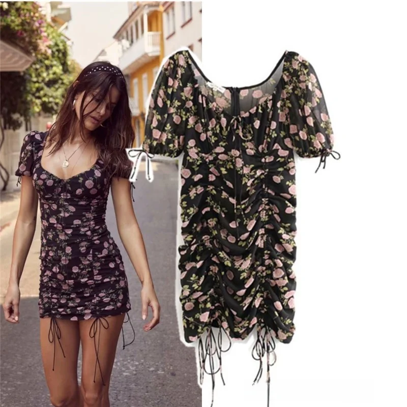 Summer 2020 Bla Pleated Bubble Sve Dr Street Sle Dstring Corded Slimming Versatile ort Dr Women's Faion