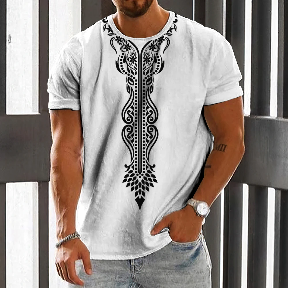 Vintage Men\'s T-shirt Ethnic Print Casual Short Sleeve Summer Round Neck Streetwear Male Loose Sweatshirt Breathable Men Clothes