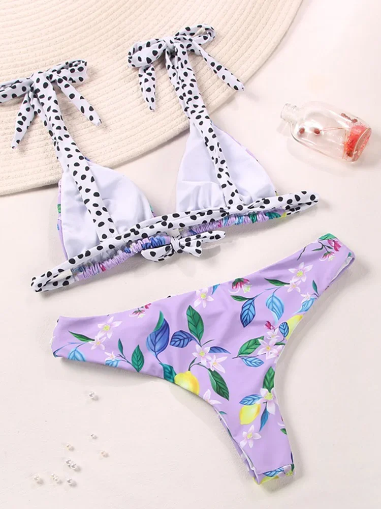 2025 Sexy Bikinis Bow Bandage Swimsuit Purple Biquini Lemon Print Swimwear Women Dot Purple Bikini Sets Dragon Fruit Beachwear