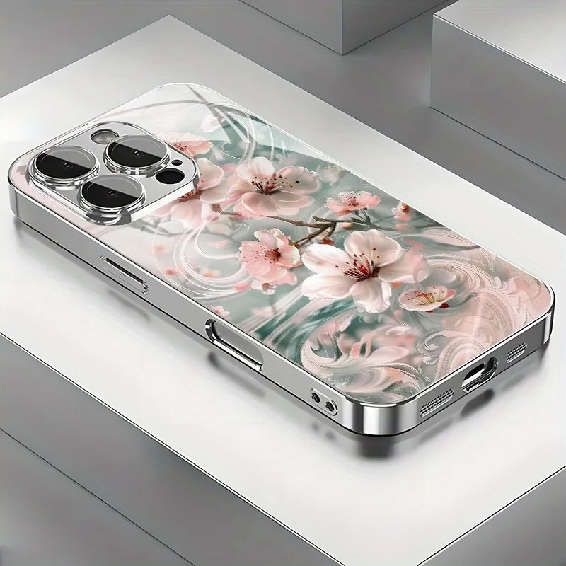 

Beautiful Pink Flower Pattern Glass Electroplated Silver Phone Case For iPhone 17 16 15 14 13 12 11 Pro Max Plus 16E 17Air Cover
