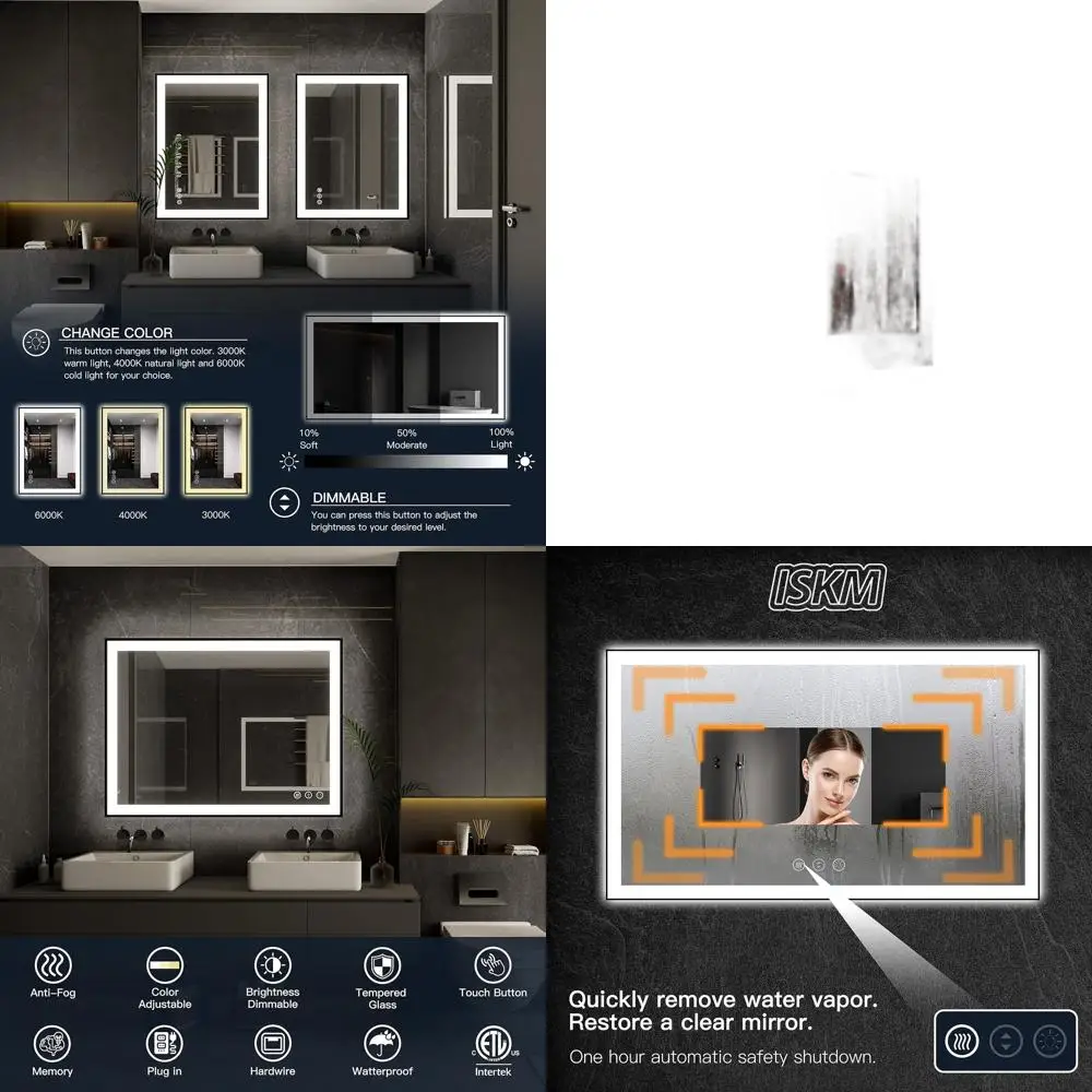 

Зеркало для ванной комнаты со светодиодной подсветкой 48x32, с регулируемой яркостью, противотуманная, 3-цветная подсветка, небьющееся с функцией памяти