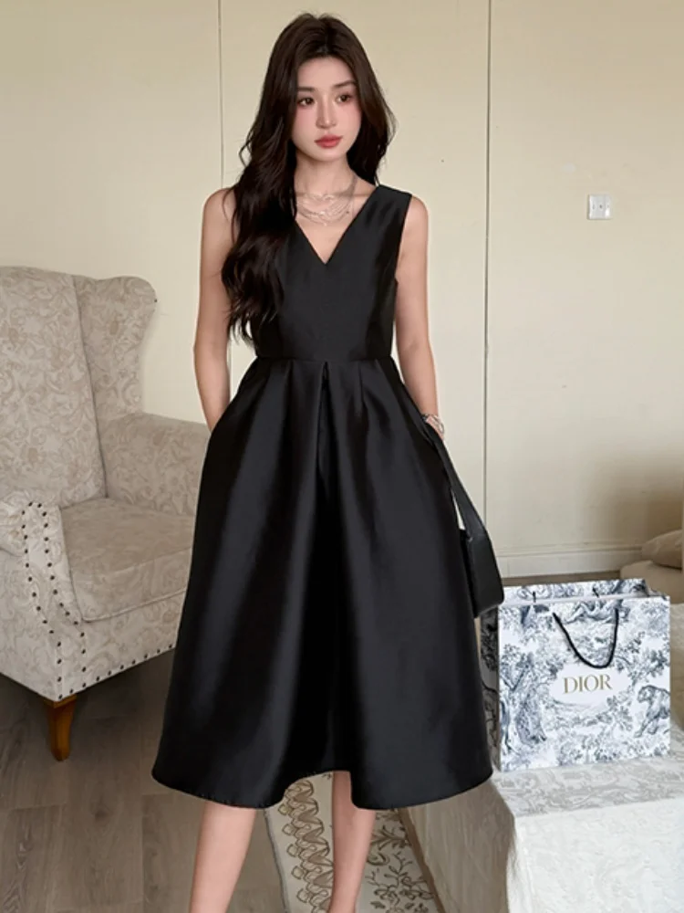 SMTHMA فستان صيفي جديد أسود مثير برقبة على شكل حرف v من الساتان الراقية للنساء بخصر نحيف بدون أكمام للحفلات