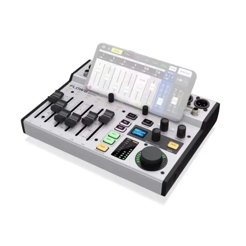 Mezclador digital de 8 entradas con faders de canal de 60 mm y control giratorio maestro con collarín LED BEHRINGER flow 8