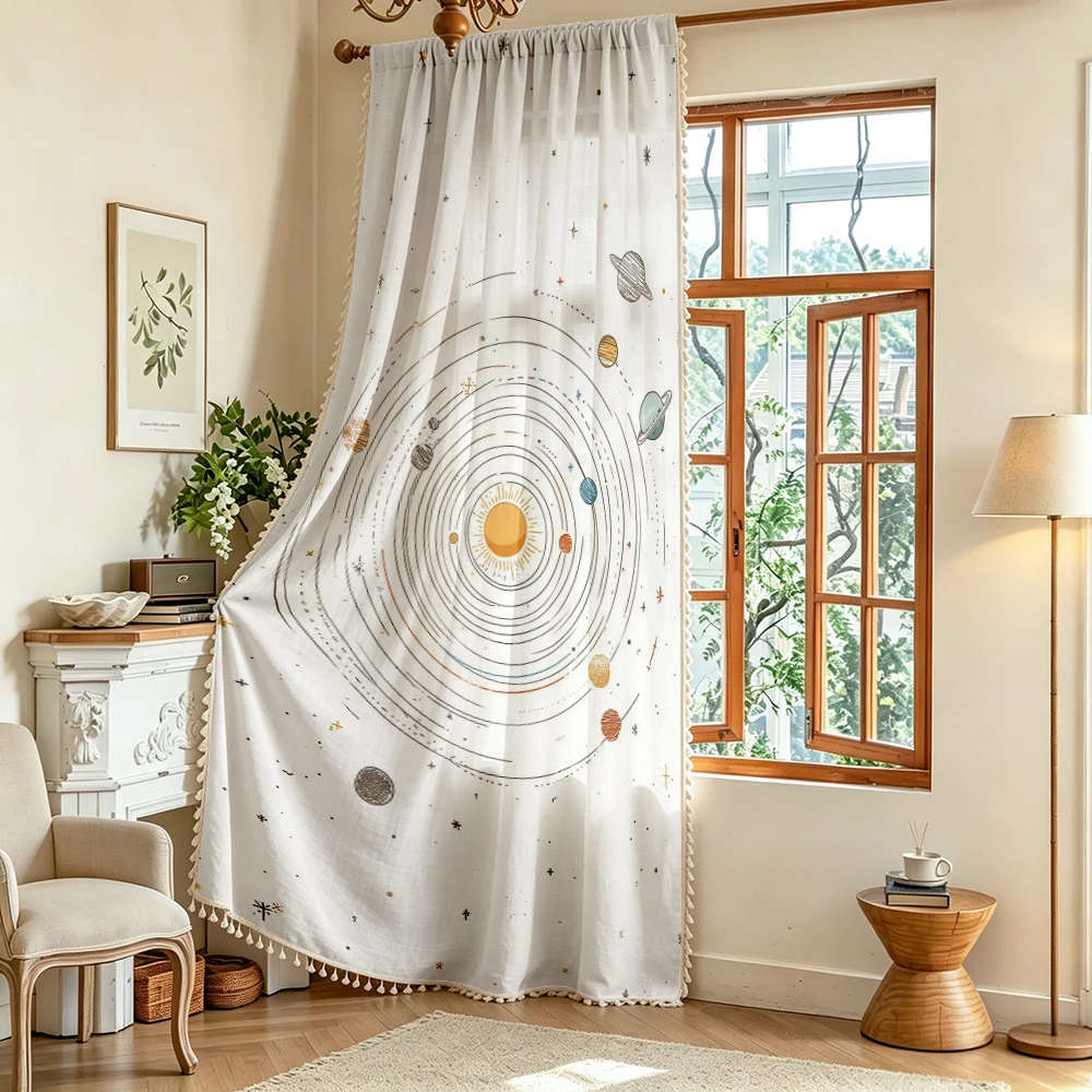 1PC Farmhouse Tassel Sheer Curtains, Solar System, Digital Print, Linen Polyester, for Bedroom Living Room Window, Room Decor