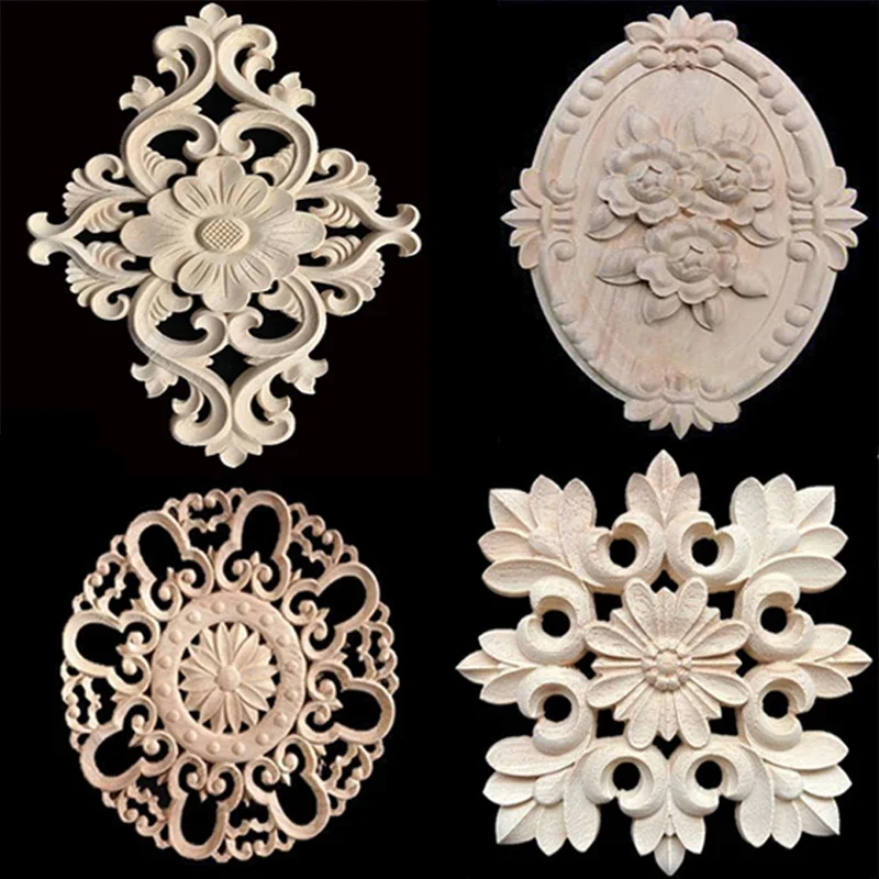 New Arrival Vintage Wood Carved Corner Onlay Applique Unpainted Cabinet Decorative Figurines Wooden