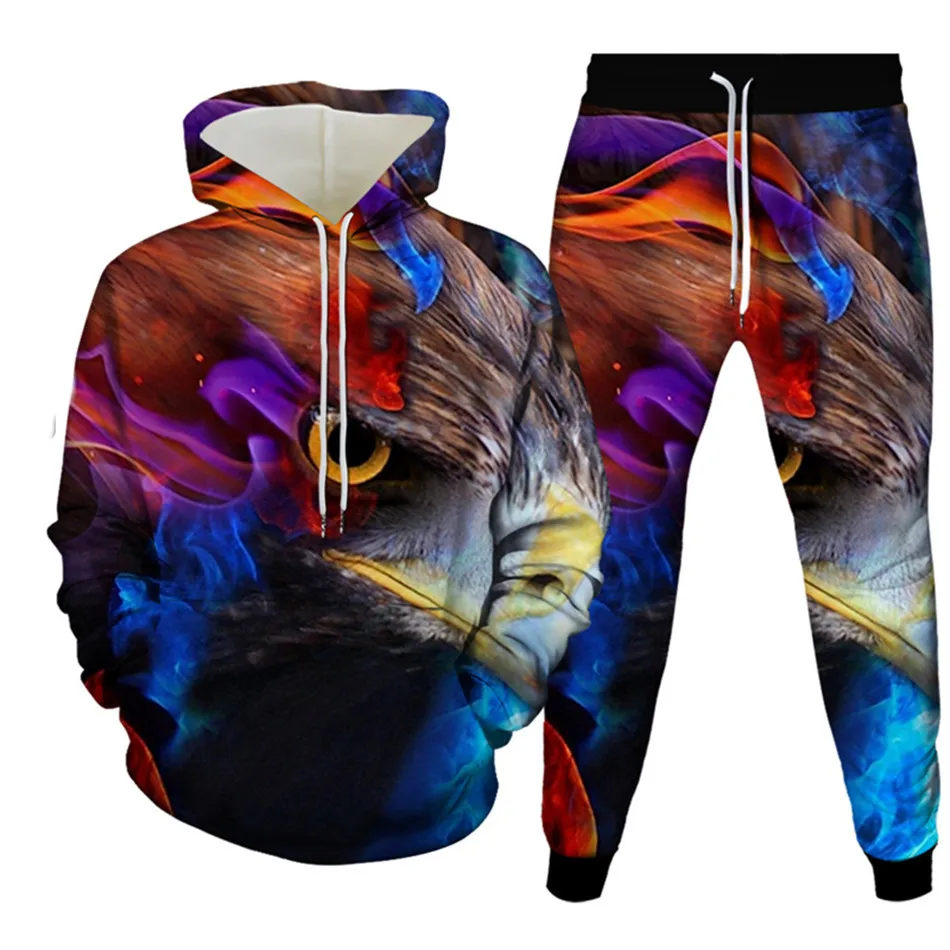 Men Hip Hop Tracksuit Set 3D Print Animal Eagle USA Flag 2Piece Sweatshirts+Sweatpants Women Fashion Hooded Unisex Clothing