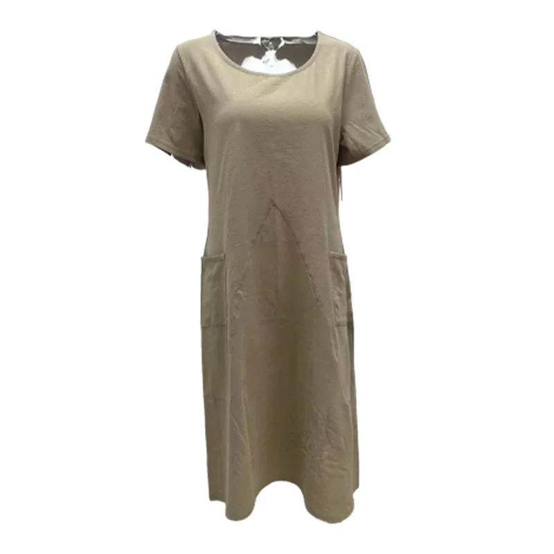 Women Solid Color Cotton Linen Loose Dresses Summer O Neck Pullover Short Sleeve Dress Female Daily Comfortable Casual Midi Gown