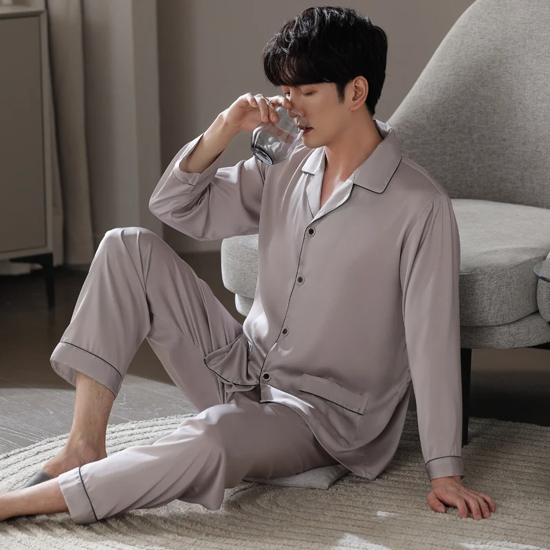 Spring and Autumn Men's Pajamas Long Sleeves Ice Silk Summer Thin Simulation Silk Grey Dad Cardigan Lapel Silk Loungewear Set