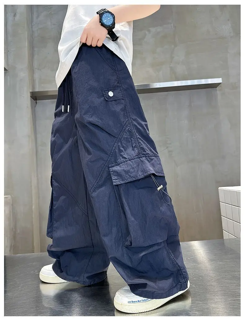 Boys Casual Cargo Pants Trendy Spring Summer Comfortable Loose Wide Leg Sports Trousers for Children's Fit age 4-14 Years