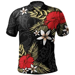 Polynesian Pattern Polo Shirt Men 3D Print Hibiscus Plumeria Flowers Short Sleeves T-shirt Button Loose Hawaiian Lapel T Shirts