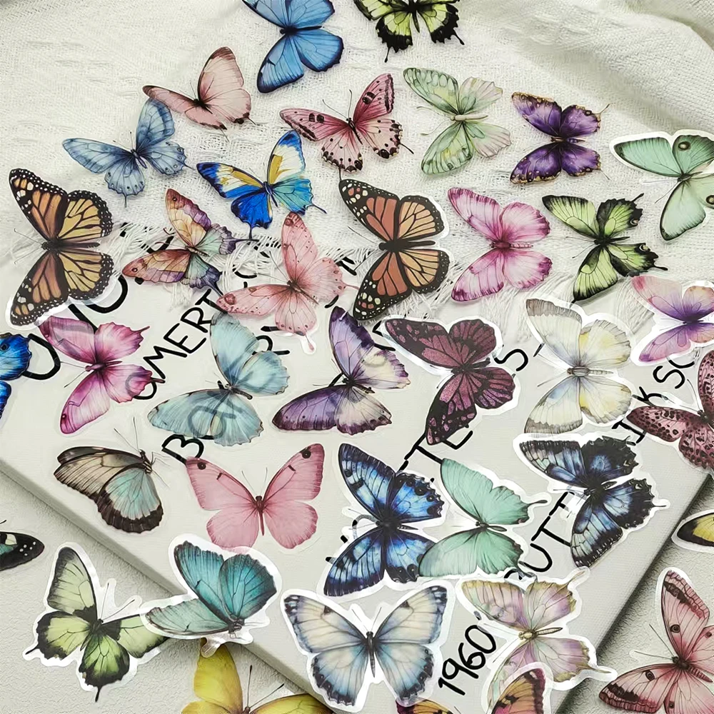 

50PCS Colorful Butterfly Stickers Funny Animals Decals For Laptop Luggage Refrigerator Phone Scrapbook PET Transparent Stickers