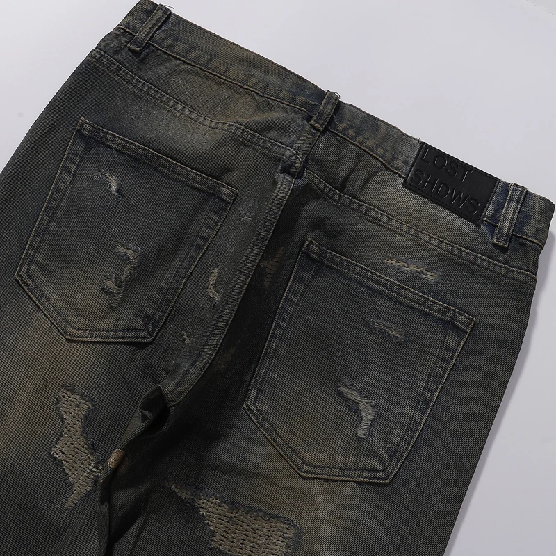 LOST SHADOWS JEANS New American Retro Do Old Wash Hole กางเกงยีนส์ทรงหลวมตรงปักดอกไม้โลโก้ผู้ชายสตรีทแวร์