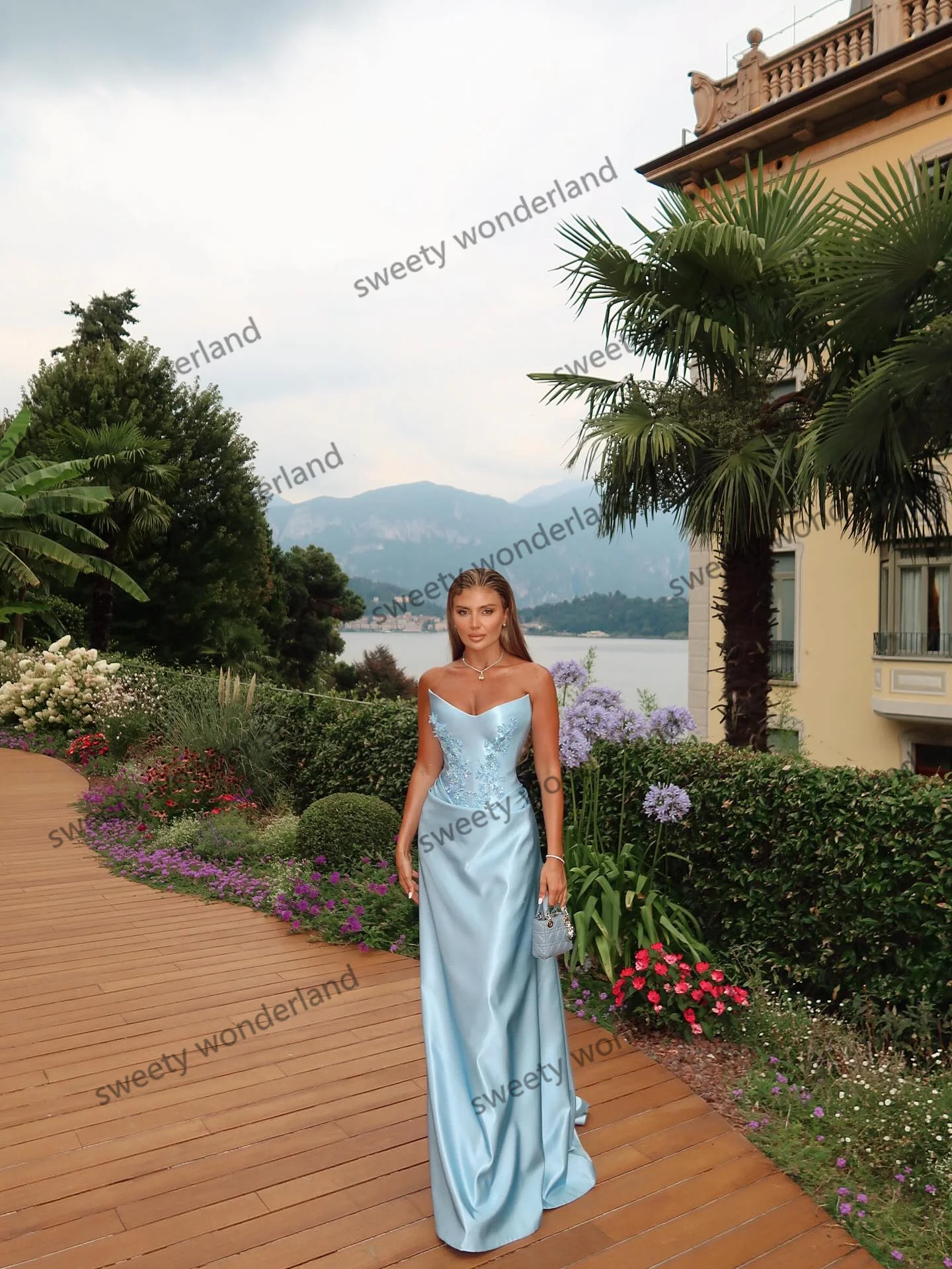 Robes de soirée bleu ciel femme dentelle appliqué robes de noche coeur cou robe de bal formelle robe de soirée de mariage personnalisé