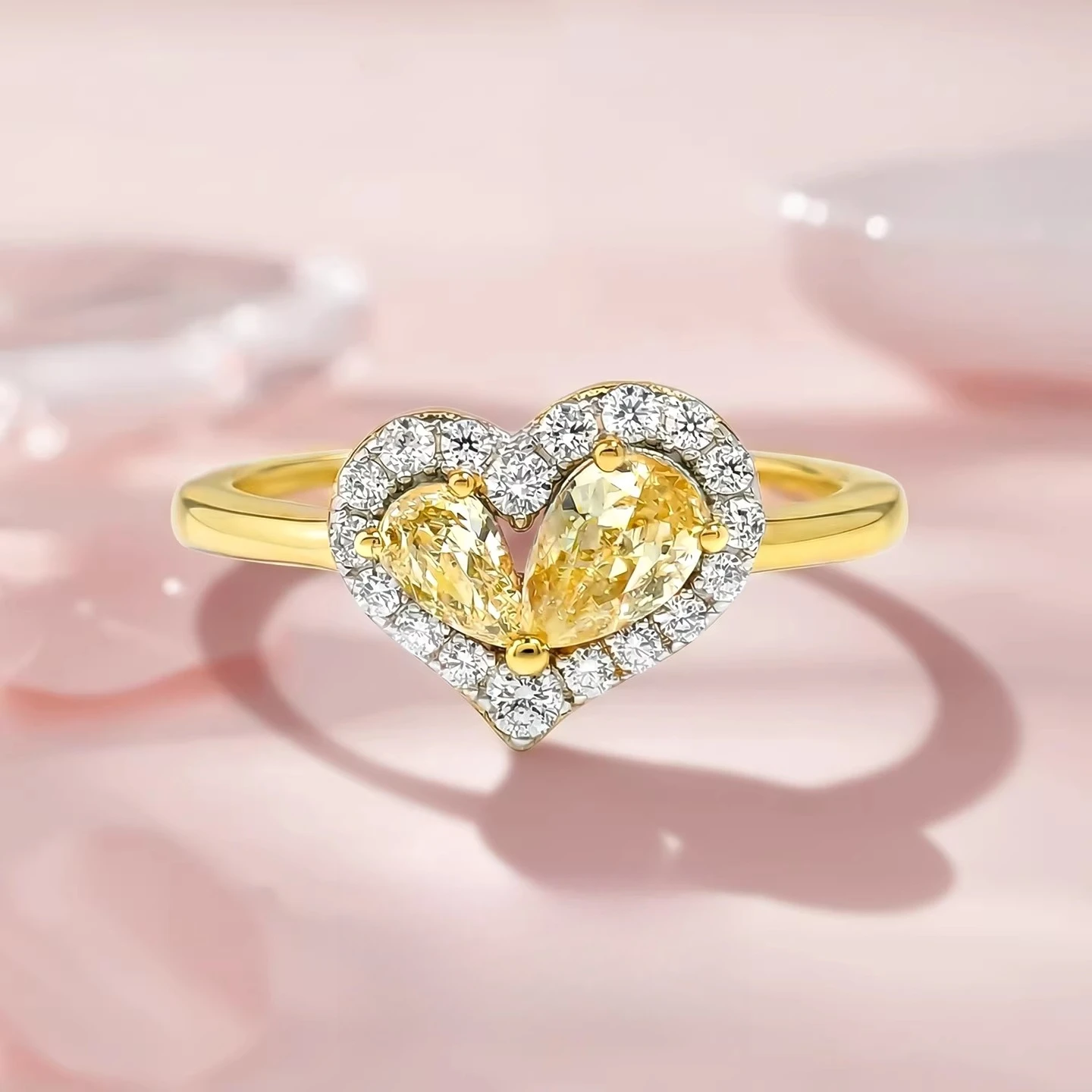 

S925 Silver Ring Precision Edition Starry Heart Double Zircon Love Yellow Sweet and Cute Small Design Gentle Women's Jewelry
