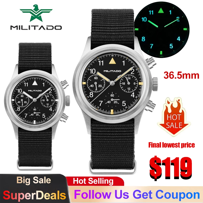 Militado ML26 Quartz Watch VK63 Chronograph Movement Retro Sports Watch Sapphire Luminous 100m Waterproof Military Men's Watch