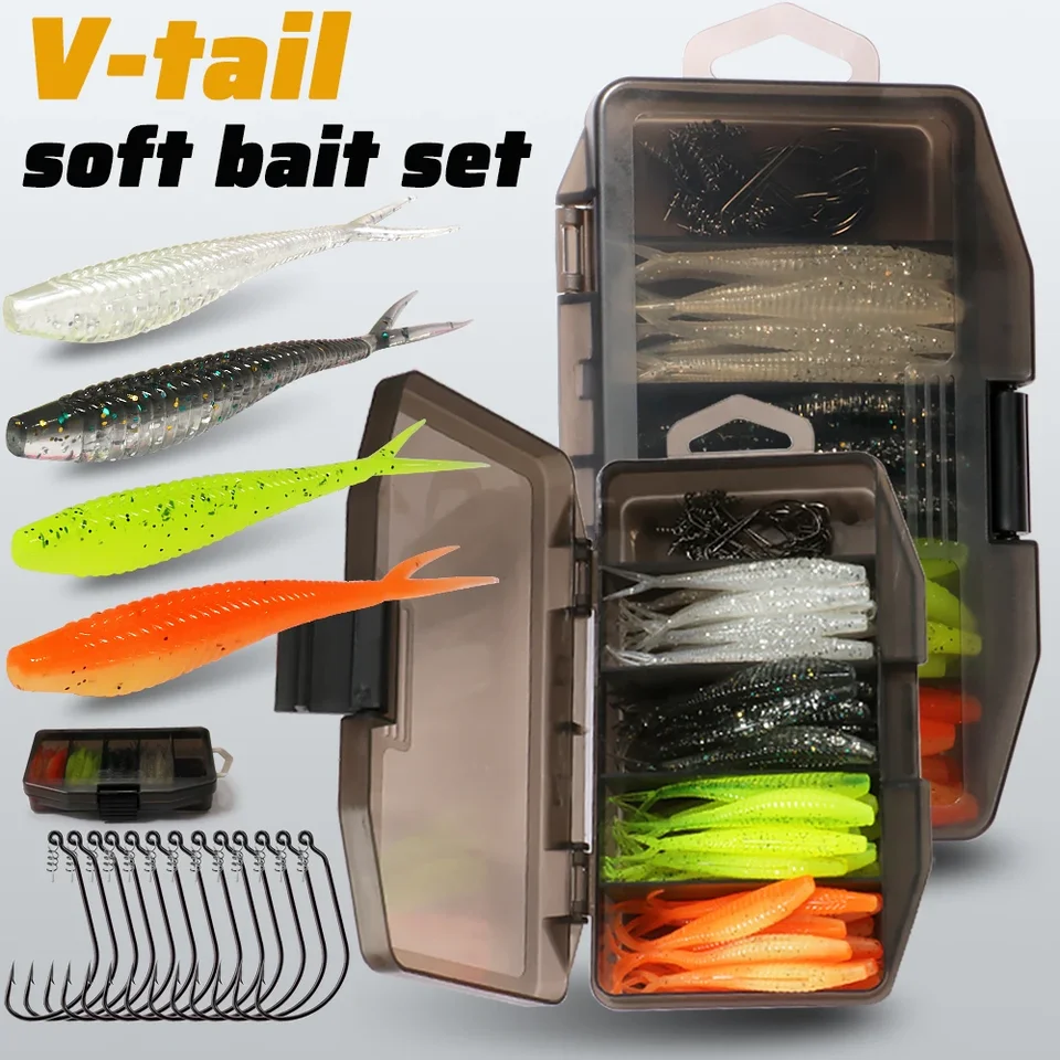70-teiliges Set Softbait Bionic Fish 7cm V-Schwanz Wurm Offset Haken Federstiftverschluss Angelzubehörbox Köder Pesca Gear_voghion.com