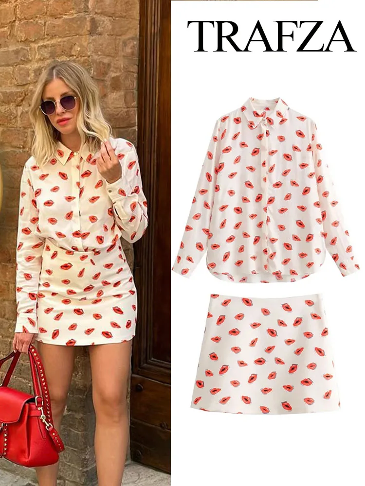 TRAFZA Summer Fashion Women Suits Print Turn-Down Collar Long Sleeve Single Breasted Casual Shirts+High Waist Zipper Short Skirt