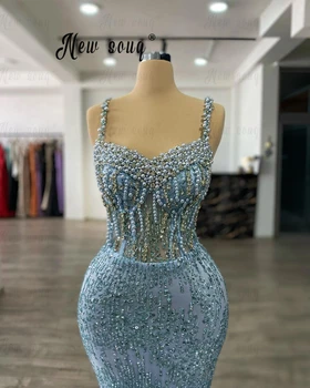Elbiseler De Soirée spagetti sapanlar tam mavi inciler parti elbise Sequins uzun Mermaid kokteyl doğum günü gece kulübü elbiseler arapça