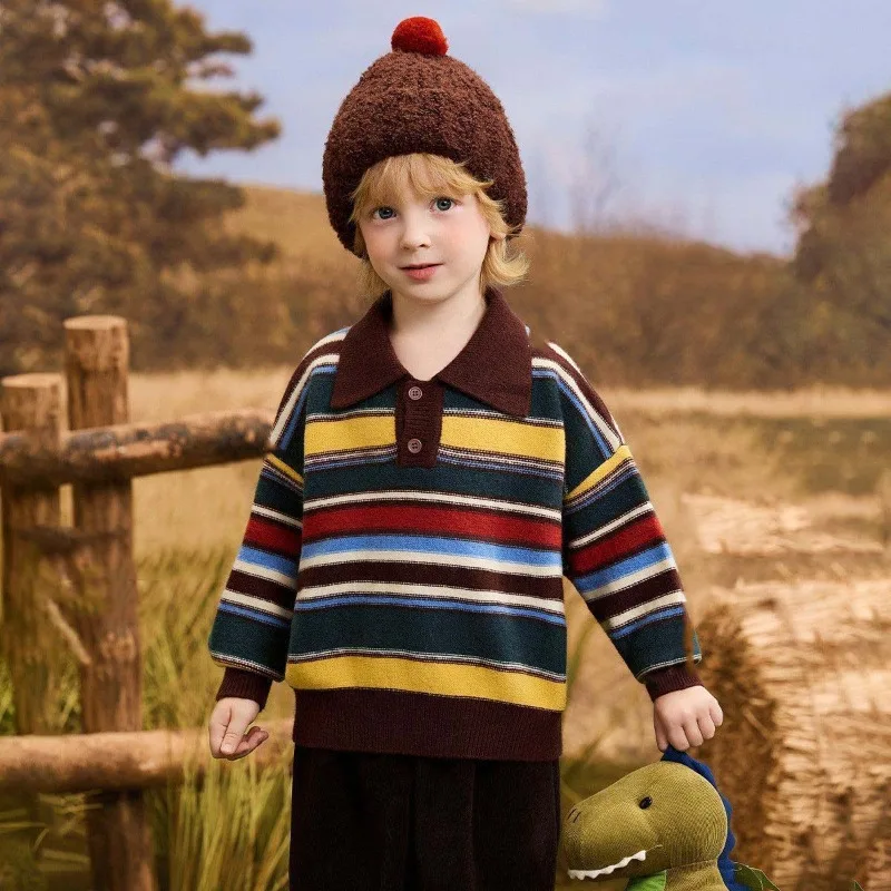 Herbst Kinder Jungen Gestreifter Pullover Retro Umlegekragen Junior Jungen Strickwaren Vintage 4-10 Jahre Kinder Jungen Langarm Pullover – Detail 2