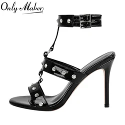 Onlymaker Women Open Toe Buckle Rivet Ankle Strap Stiletto Sandals  10CM Thin High Heel  Party Dress Heels