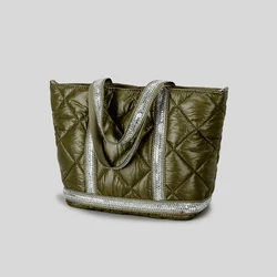 Luxury Rhinestone Puffer Tote Bag Lingge Quilted Large Tote Bag Padded Women Handbags Casual Nylon Shoulder Crossbody Bags 2024