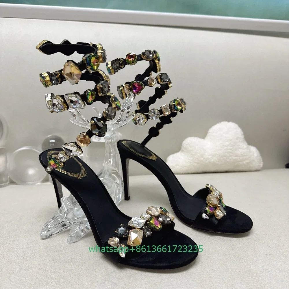 

Serpentine Winding Ankle Strap Women Sandals Multicolor/transparent Gem Shiny Thin High Heels Silver Sole Fashion Wedding Sandal
