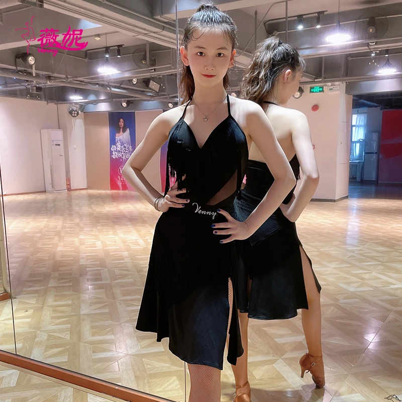 

Vennystyle платье для латинских танцев для девочек стильный тренировочный комплект на тонких бретельках для латинских бальных танцев костюмы для бальных танцев