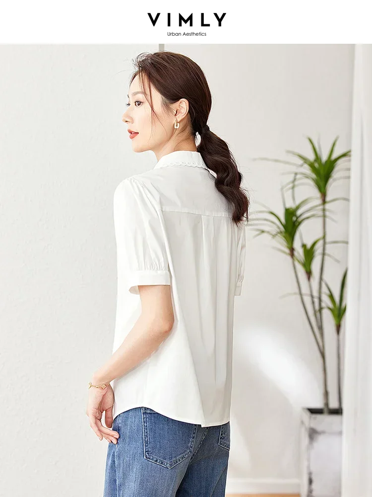 Vimly White Short Sleeve Shirts for Women Sweet Puff Sleeve Elegant Summer Top Hollow Out Embroidery Female Shirts and Blouses