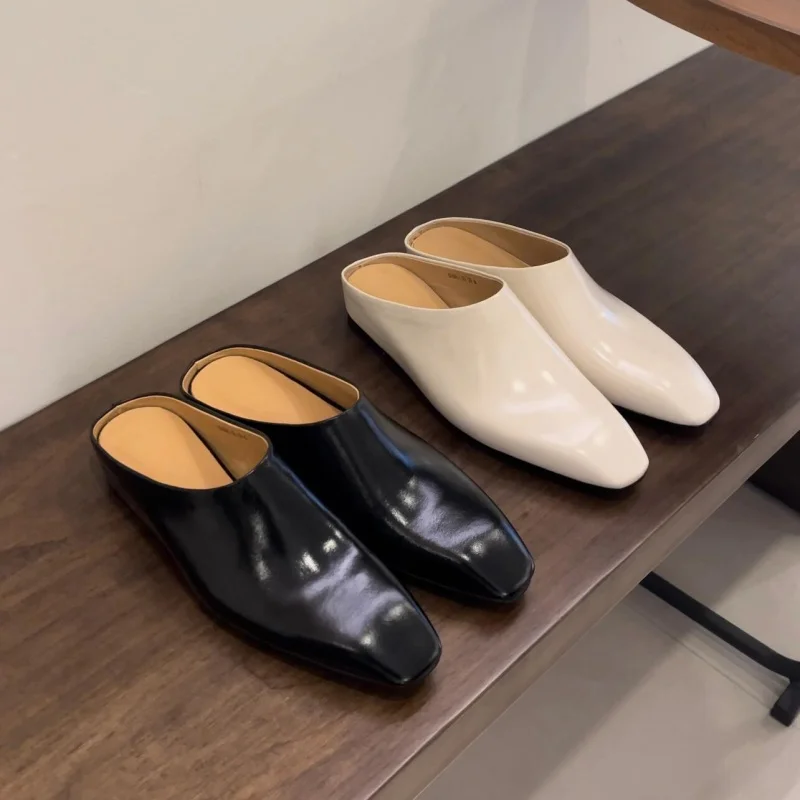 

Square Toe Flat Outdoor Ladies Slippers Simple Office Women's Shoes Spring New Leather Wrapped Toe Women Muller Shoes
