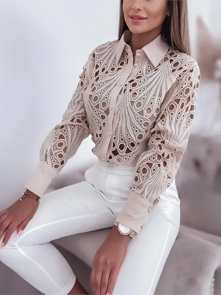 Spring And Autumn Versatile Commuting Fashion Lace Hollow Long Sleeve Shirt For Women New Elegant Long Sleeve Casual Top Shirts