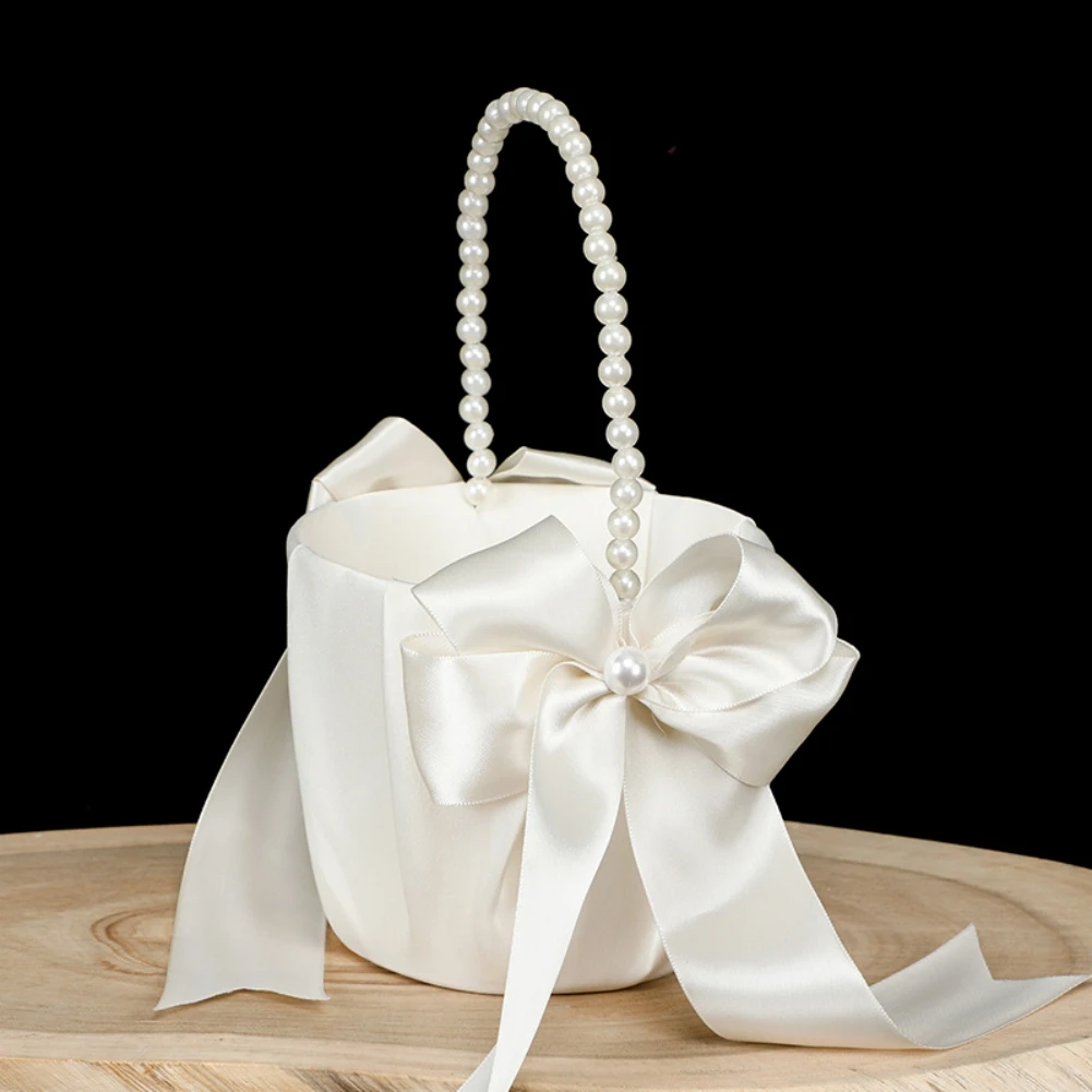 フラワーガールバスケットリングベアローセット、ロマンチックなサテンボウ、パール、結婚式の儀式、パーティーの装飾