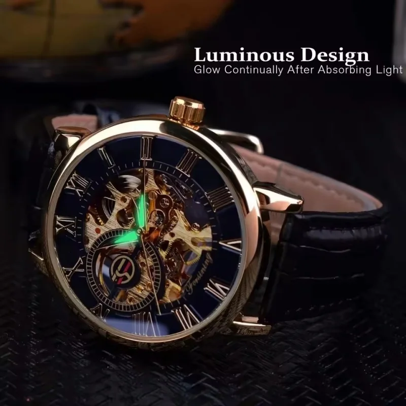 Forsining 99A Advanced Classic Men's Manual Mechanical Watch 3D Luxury Hollow Dial Night Light Leisure Men's Golden Clock Gifts