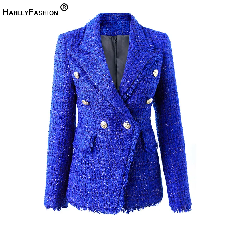 New Winter Thick Fabric Tweed Royal Blue Jackets for Women 2022 Shining Skinny Luxury Lady Blazer