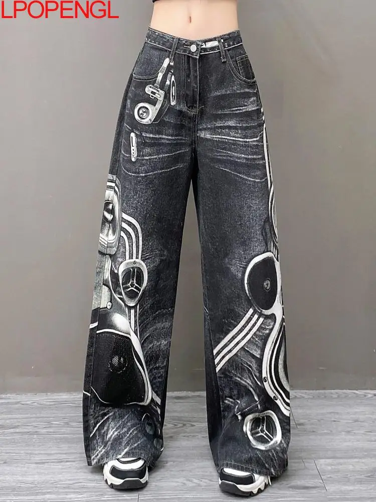 

Personalized Cartoon Print Washed Denim Pants Women's Summer New High Waisted Loose Fitting Versatile Straight Wide Leg Jeans