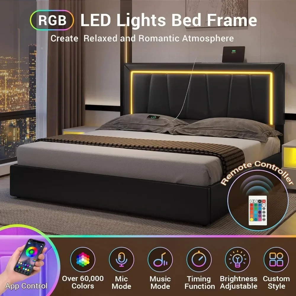 Rangka tempat tidur ukuran queen dengan 4 laci penyimpanan dan lampu Led penyimpanan Platform berlapis kain dengan USB dan papan kepala Cali King