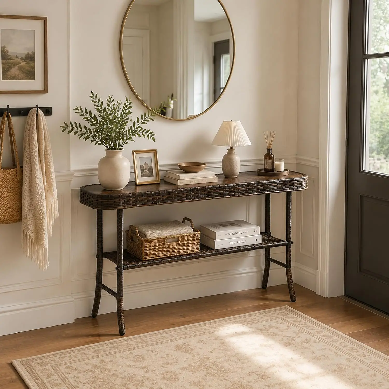 Entryway Table with Storage, 2-Tier 47'' Console Table with Woven Wrap | Rattan Brown