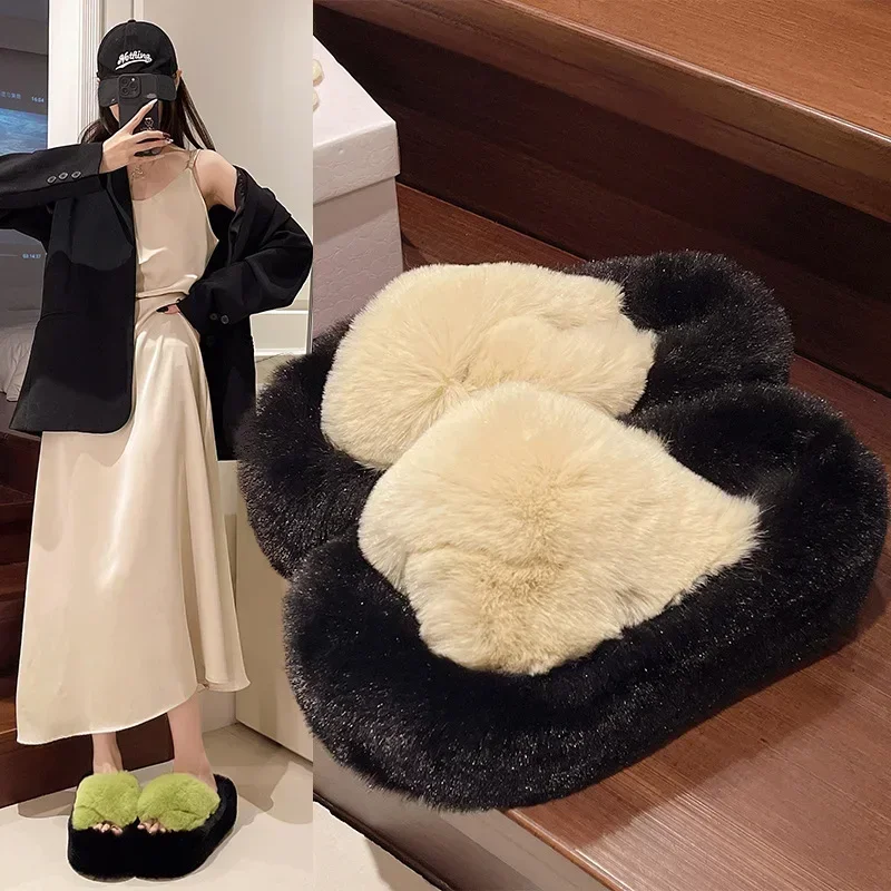 2025 Autumn/Winter Candy Color Plush Slippers, Women's Plush Thick Sole Plus Size Cotton Slippers