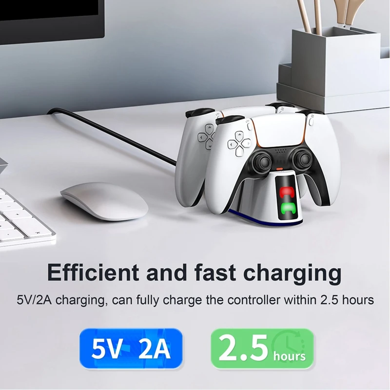 شاحن وحدة تحكم مزدوجة RGB Led لجهاز PS5/Slim Wireless Dualsense Controller Joystick Gamepad جهاز شحن