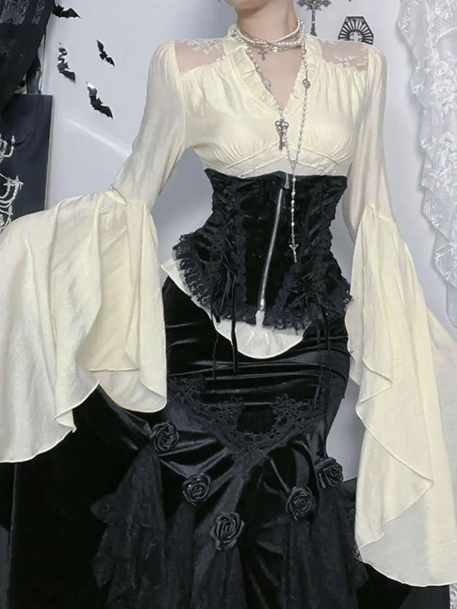 

Готический женский топ Long Sve irt в стиле ретро, сетка k, хлопок, цветочный принт, асимметричный подол, модный винтажный топ