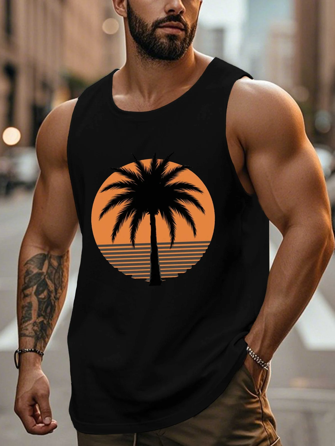 

Мужской жилет с принтом в виде силуэта пальмы на закате, дышащий и удобный, без рукавов, в спортивном стиле.