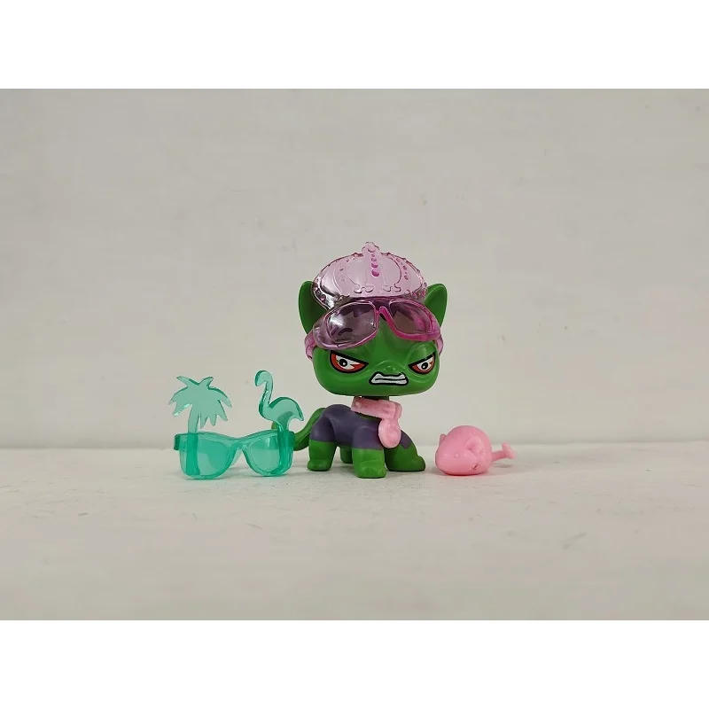 Littlest Pet Shop Figure LPS Green Cat OOAK#121 W/4pcs Accessories for kid Toy