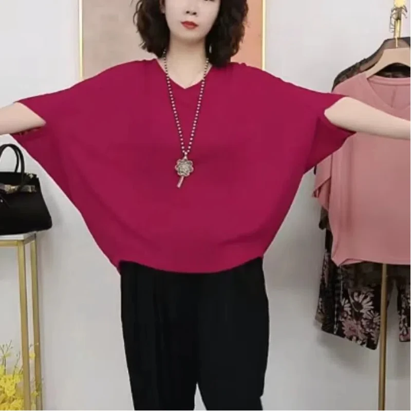 Kaus Atasan Wanita Pullover minimalis, kaus atasan wanita Pullover, kaus kasual longgar, warna polos, lengan Batwing, leher V, Minimalis, baru, musim panas