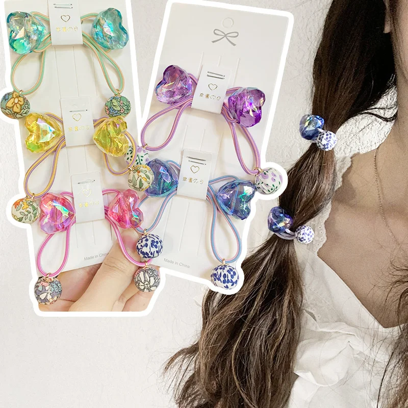 2pcs/lot New Girls Cute Heart Ball Cartoon Rubber Band Headband Baby Elastic Hair Bands Small Hair Rope Hair Accessories