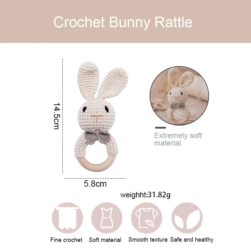 Hochet en bois au crochet pour bébé, jouet TeWindsor sans BPA, lapin rongeur, jeu mobile, salle de sport, jouets musicaux pour nouveau-nés